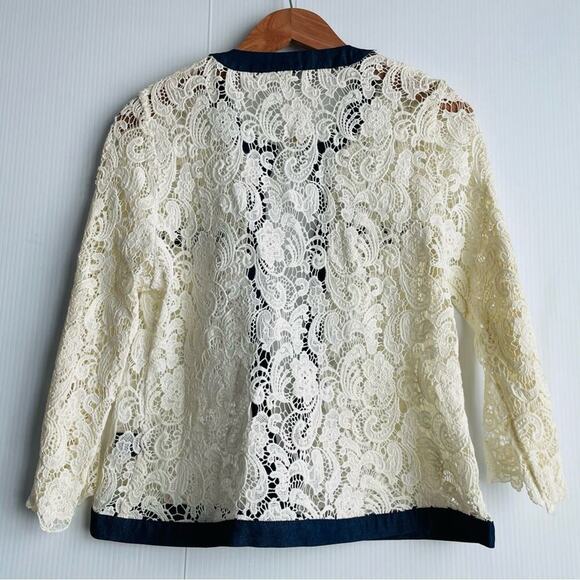 🆕 Michael Simon crocheted button jacket with denim trim NWT cardigan size med - Picture 12 of 15